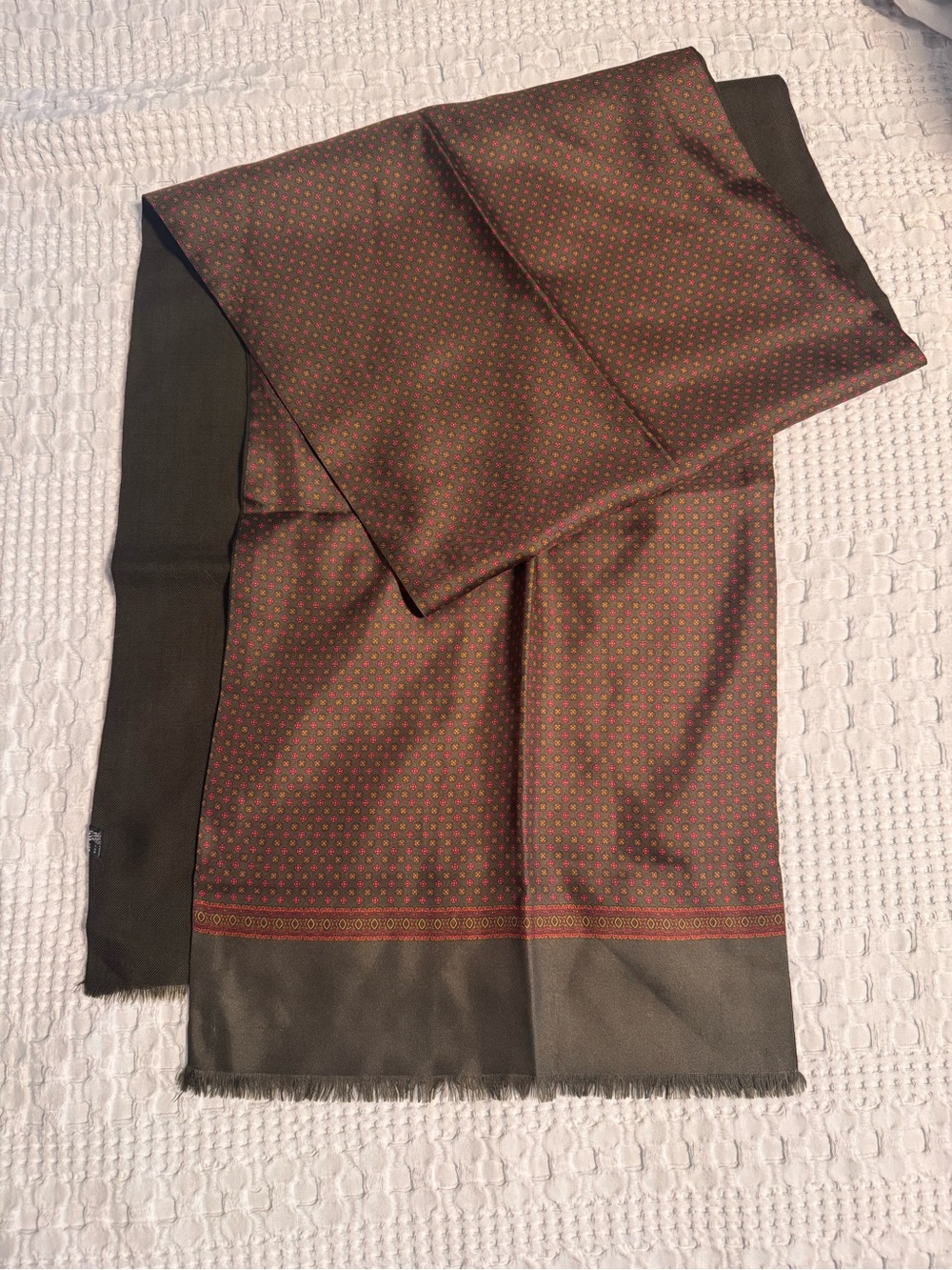 Men's Olive and Burgundy Patterned Scarf Italian Silk and Wool